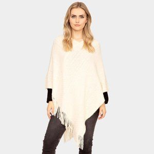 Ivory Striped Knit Tassel Poncho